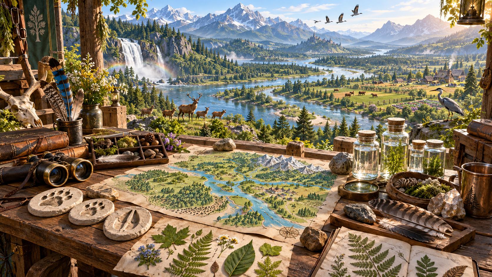 Fantasy illustration of a valley map, animal-track casts, pressed leaves and water samples overlooking a river, wildlife and farms