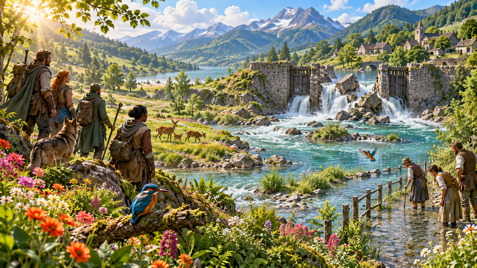 Fantasy illustration of a party and local people observing a changed river through a broken stone watergate, with deer and birds beside the banks
