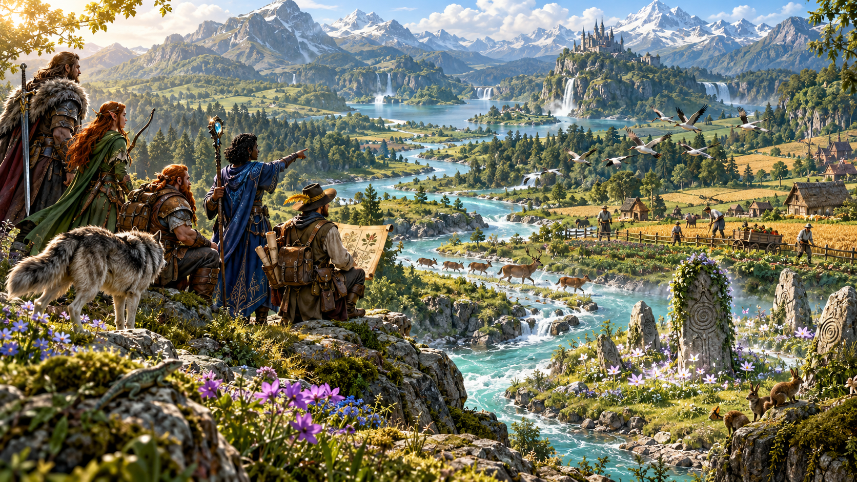 Fantasy illustration of a party surveying a river valley with migrating birds, deer, farmers and an open plant journal